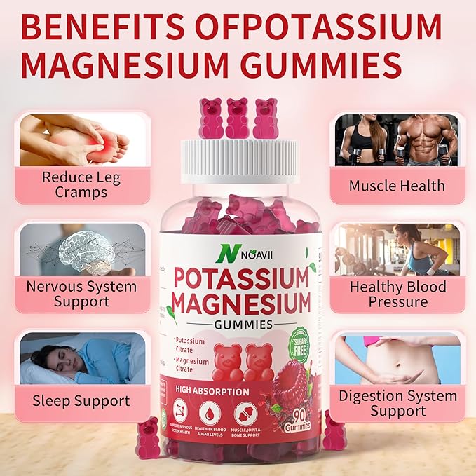 Potassium Magnesium Gummies, New Formula Calm Magnesium Glycinate Gummies, Chewable Gummy Supplements for Leg Cramps & Muscle, Raspberry Flavor 90 Count