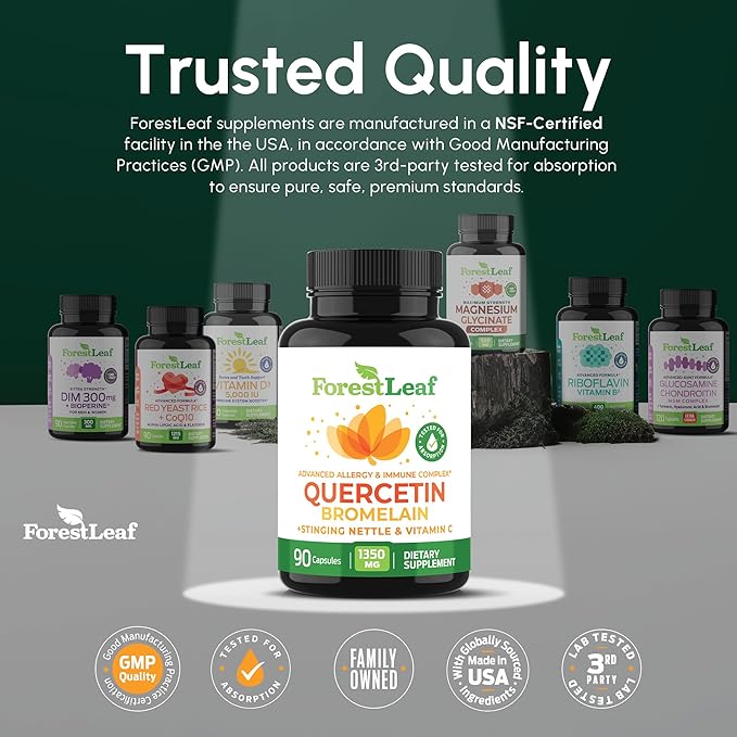 ForestLeaf Quercetin with Bromelain - 1350mg Blend with Vitamin C & Stinging Nettle, Advanced Quercetin 500mg Supplement, Non-GMO Gluten Free, Natural Immune & Respiratory Function 180 Veggie Capsules