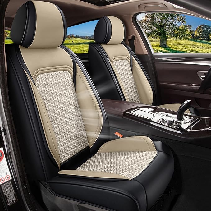 Car Seat Covers Front Seats for Honda Civic 2003-2015 & 2020-2026: Breathable Cooling Ice Silk Leather Seat Covers, 2 Seats Vehicle Seat Protector Auto Accessories (Black&Beige)