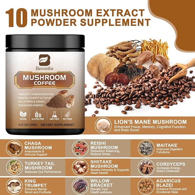 Mushroom Coffee - Lions Mane Mushroom Powder Instant Coffee with Lion's Mane, Reishi, Chaga, Cordyceps, and Turkey Tail - Mushroom Coffee Alternative for Energy, Mental Clarity & Focus, Brain Booster