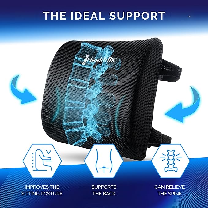 Healthfix® Ergonomic Lumbar Support Pillow – Expertly Designed in Germany – Improves Posture & Relieves Back Pain – Memory Foam Back Cushion for Office Chair & Couch - Firm (185-300 lbs)
