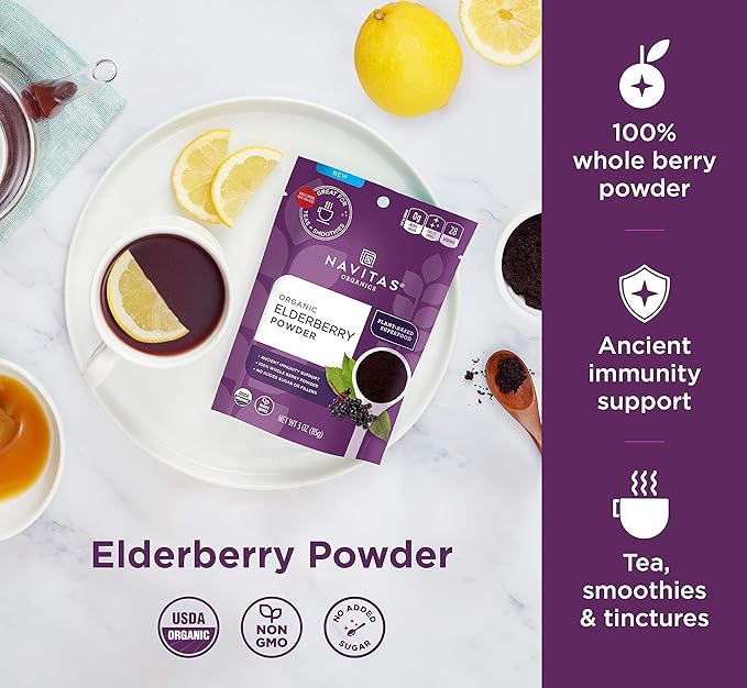 Navitas Organics Elderberry Powder, 3oz Bag, 28 Servings — Organic, Non-GMO, 100% Whole Elderberry Powder for Immune Support (Pack of 2)