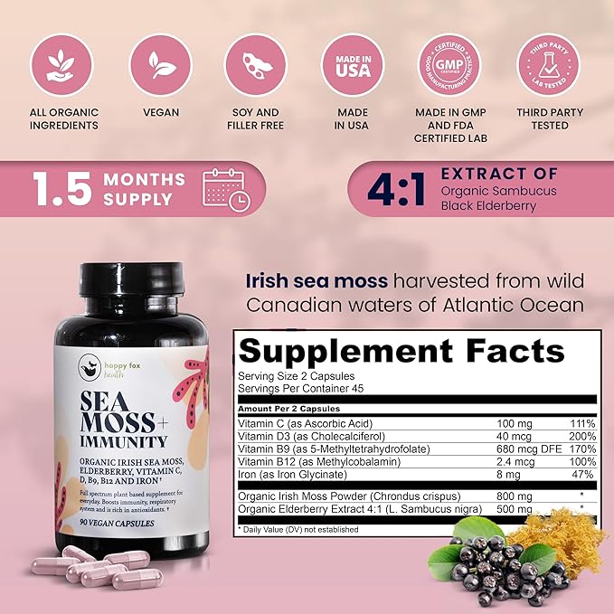 Purple Immunity Bundle - Organic Sea Moss Raw Purple & Organic Irish Sea Moss Capsules with Sambucus Elderberry for Immunity Defense, Vitamins C, D3, B9, B12, & Iron, 90 Count