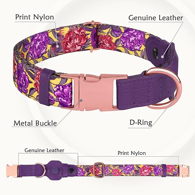 AirTag Dog Collar for Small Medium Large Breed - Adjustable Cute Pattern Dog Collar with Airtag Holder - Soft Leather Tracker GPS Apple Air Tag Pet Collars (X-Large, 20"-25" Neck Fit, Peonies)