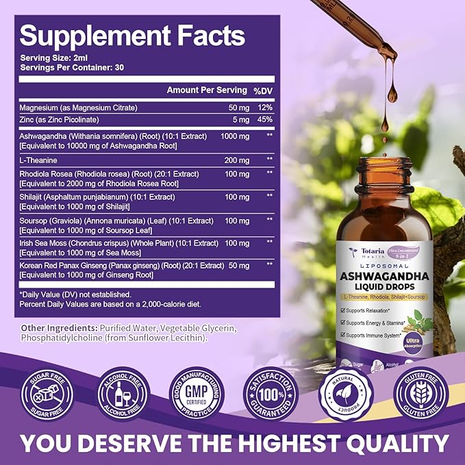 Liposomal Ashwagandha Liquid Drops, Ultra Strength Ashwa Root Extract Supplement with Shilajit, Ginseng, Magnesium, Soursop, L-Theanine, 60ml