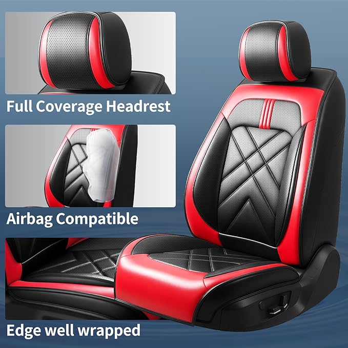 CX-50 Car Seat Covers Fit for Mazda CX-50 2023-2026, Full Coverage Premium Leather Waterproof Breathable Seat Covers, Automotive Seat Protectors, Airbag Compatible(2 Front Seats, Black & Red)