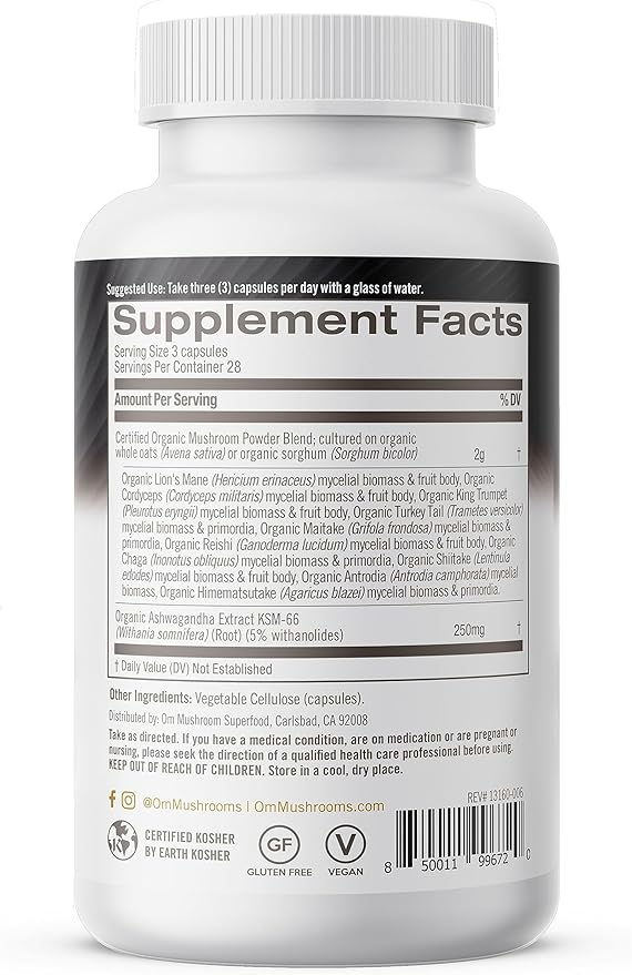 OM MUSHROOM SUPERFOOD Master Blend Mushrooms & Adaptogens Capsules, 84 Count, 28 Servings, 10 Mushroom Complex with Adaptogens for Immune and Stress Support