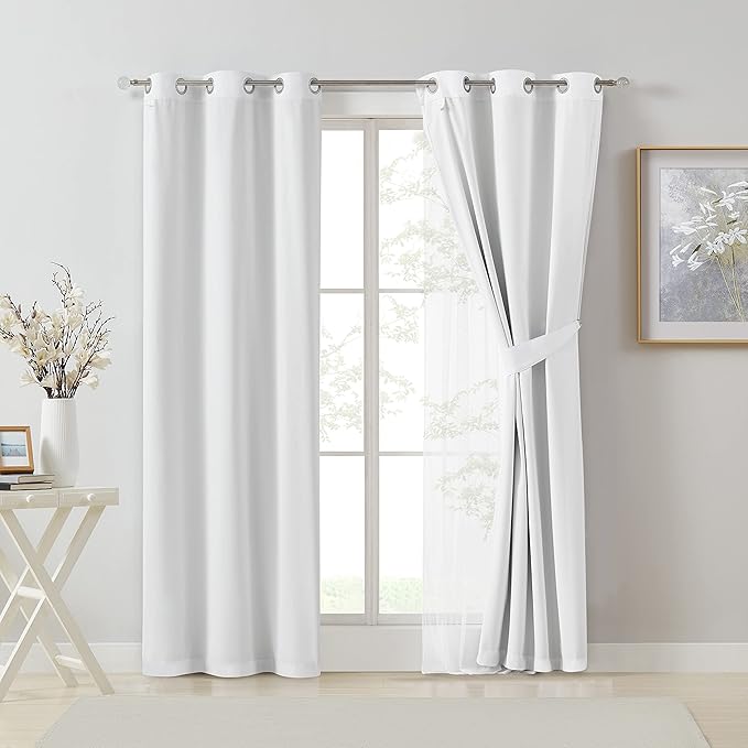 Bujasso White Full Blackout Curtain Panels with Sheer Overlay Mix and Match Double Layer Thermal Insulated Window Treatment Set for Living Room White Drapes with Tiebacks Grommet Top 54" Wx63 Lx2