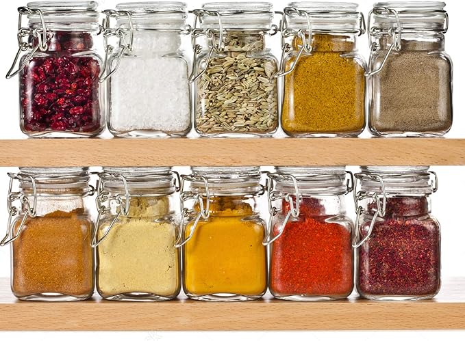 SPANLA Spice Jars, 24 Pack 4oz Small Glass Jars with Airtight Hinged Lid, With 24 Spice Labels & Silicone Funnels, Airtight Glass Jars for Spices, Condiments Herb Seasoning Art Craft Storage