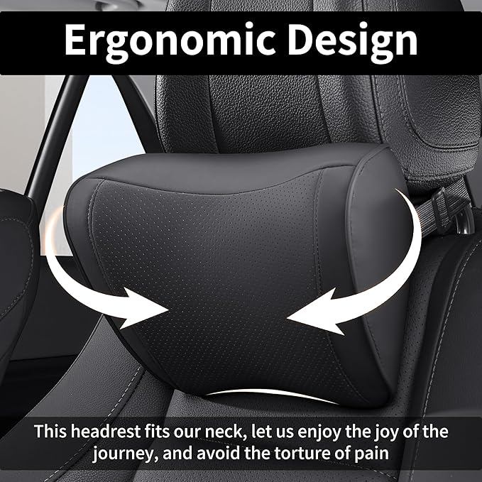 Car Headrest Pillow 100% Memory Foam, Breathable Removable Leather Cover, Premium Seat Support Head Neck Cushion for Driving Travel Home Office, Black, 1 Pack