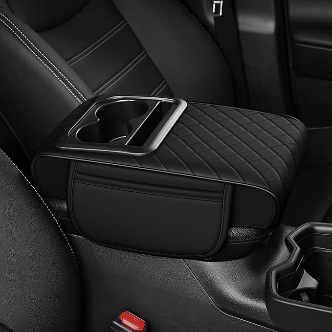 Center Console Cover Fit for Kia Sorento 2003-2025 with 2 Storage Bags Waterproof Leather Quilted Pattern Car Armrest Cover Cushion Elevating Pad Anti-Slip(Black)