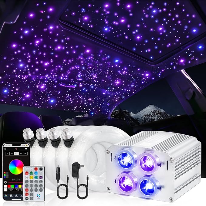 4 Colors 32W Twinkle Car Starlight Headliner Kit 500pcs*0.03in*13.1ft with APP&RF Remote, RGBW Fiber Optic Strands Star Roof Lights,4 Port Engine Sound Activated Ceiling Star Lights for Home/Car Decor