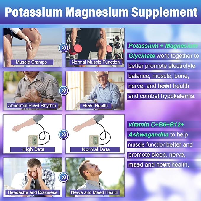 Potassium Magnesium Gummies - Potassium Supplement w/Ashwagandha 200mg, High Absorption Magnesium Glycinate,B6,B12,P-otassium Citrate for Leg Cramps,Muscle,Electroyte for Adults Kids,Sugar-Free,1Pack