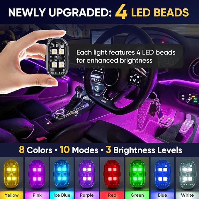 Upgraded 4LEDs 6PCS Wireless LED Strobe Lights with Remote Control, 8 Colors Type-C Rechargeable Led Lights Anti Collision Warning Light for Car Motorcycle Bike Drone Aircraft