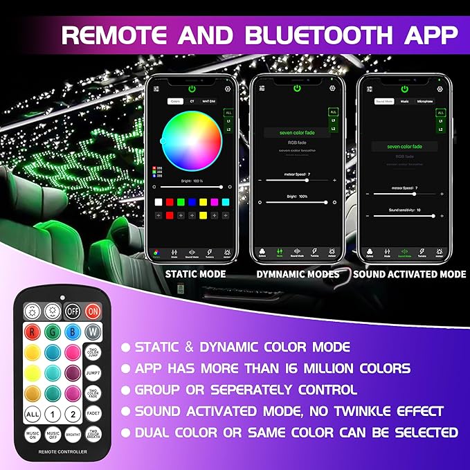 ATOKEE 32W Dual Color Starlight Headliner Kit, Sound Activated Fiber Optic Star Roof Lights with APP/Remote Control, 1100pcs 0.03in 9.8ft