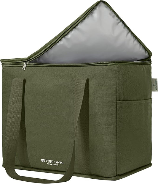 Nook Theory Reusable Insulated Grocery Bag - Leak Proof, X Large Cooler Bag - Insulated Shopping Bags for Groceries - Travel Cooler Bag for Frozen and Hot Food with Zippered Top (Forest)