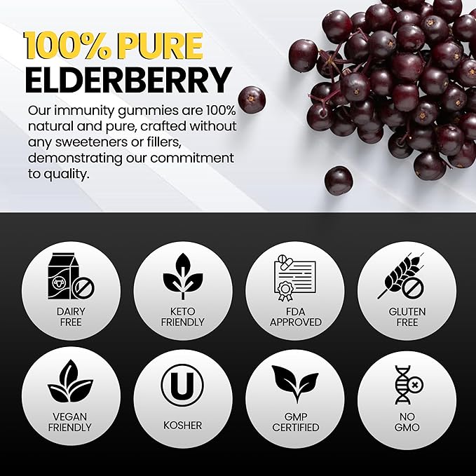 Sambucus Elderberry Gummies with Zinc & Vitamin C - Sugar Free Elderberry Immune Support Gummies & Vitamins for Adults & Kids – Vegan & Non-GMO – 60 Count