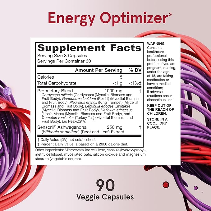 Jarrow Formulas Energy Optimizer with Cordyceps, Reishi, Lion’s Mane, Shiitake, King Trumpet, and Turkey Tail Mushrooms, Dietary Supplement with Ashwagandha, 90 Veggie Capsules, 30 Day Supply