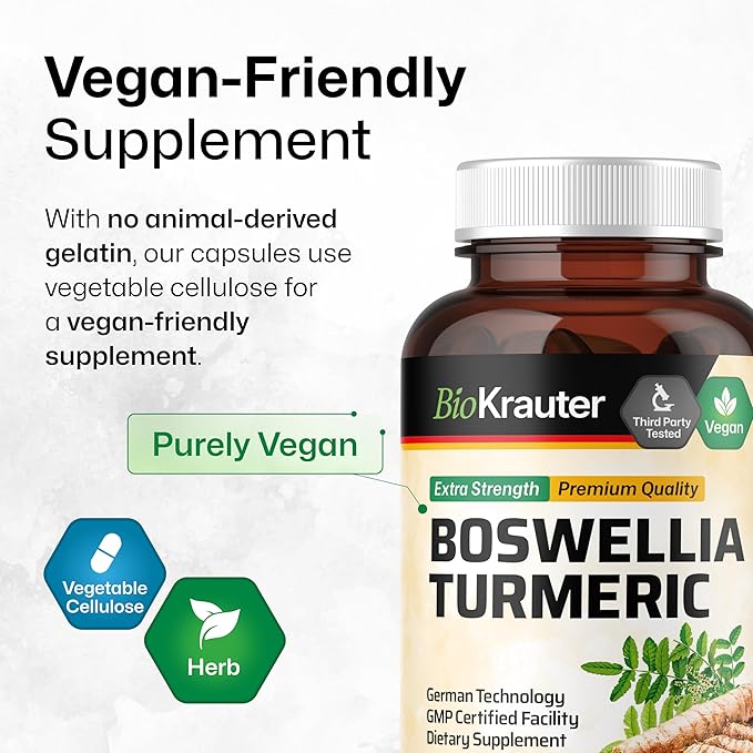 BIO KRAUTER Turmeric Supplement with Boswellia Extract Capsules - 2000 mg Blend - 100 Count - Vegan Boswellia Turmeric (Curcumin) - Formula w/Black Pepper