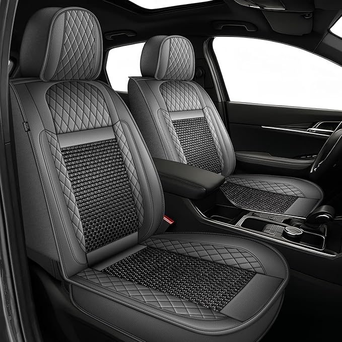 TTX LIGHTING for Cadillac SRX 2010-2016 Car Seat Covers, Breathable Ice Silk & Leather Seat Protector, Cool & Anti-Sweat for Long Driving, Airbag Compatible, 2 Front Seats (Black&Gray)