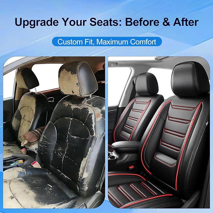 Fit Mazda 6 Car Seat Covers for Select Mazda 6 2007-2021 - Premium Full Coverage Leather, Airbag Compatible, Luxury Waterproof All Weather Breathable Seat Cushion Protector, Full Set, Red Trim
