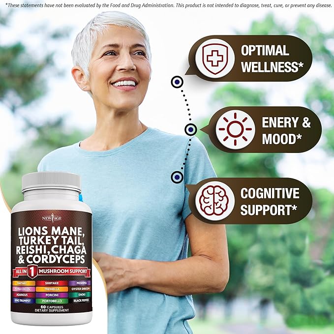 NEW AGE Lions Mane Mushroom Supplement with Turkey Tail Reishi Cordyceps Chaga with Marshmallow Root 180 Count
