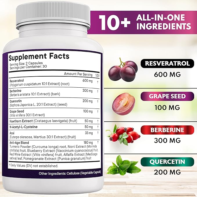 NEW AGE Resveratrol, Berberine, Grape Seed Extract, Quercetin - Polyphenol Supplement for Women and Men with Noni Extract, N-Acetyl Cysteine, Acai Extract - 60 Capsules