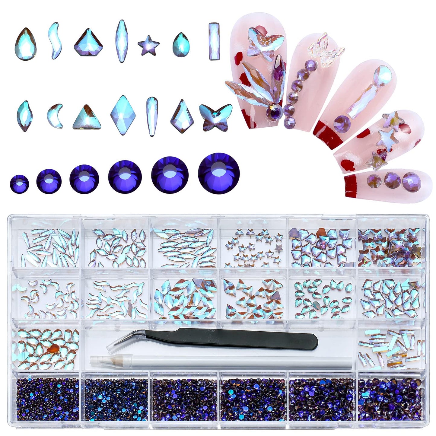 Nibiru 3830Pcs Purple Multi Shapes Rhinestones Glass Diamonds Kit For Nail Art Jewels Decoration,Shiny Flatback Mix Size With Wa