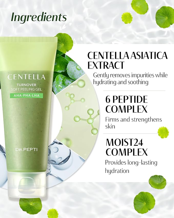 DR.PEPTI Centella Turnover Soft Peeling Gel - Korean Face Exfoliating Scrub with AHA BHA PHA LHA, 6 Peptides - Dead Skin Removal for Dull Rough Skin, 3.38 fl.oz.