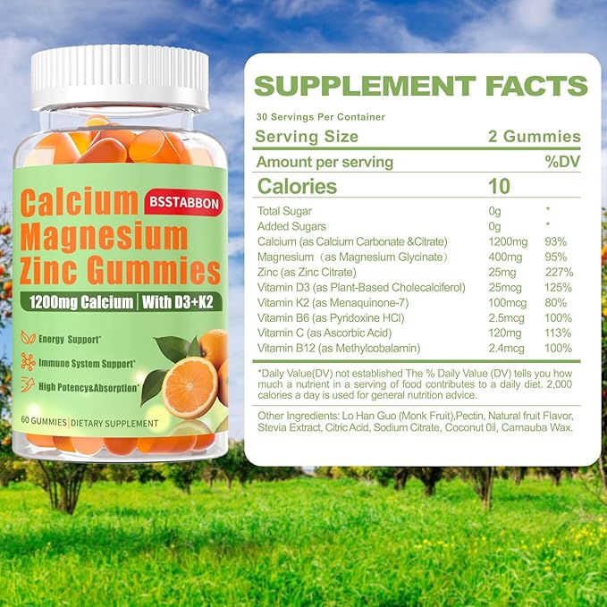 Calcium Magnesium Zinc Gummies for Adult: 1200mg Calcium Citrate 400mg Magnesium Glycinate with D3 B12 - Sugar Free High Absorption Supplement for Women Men (60 Count(Pack of 1))