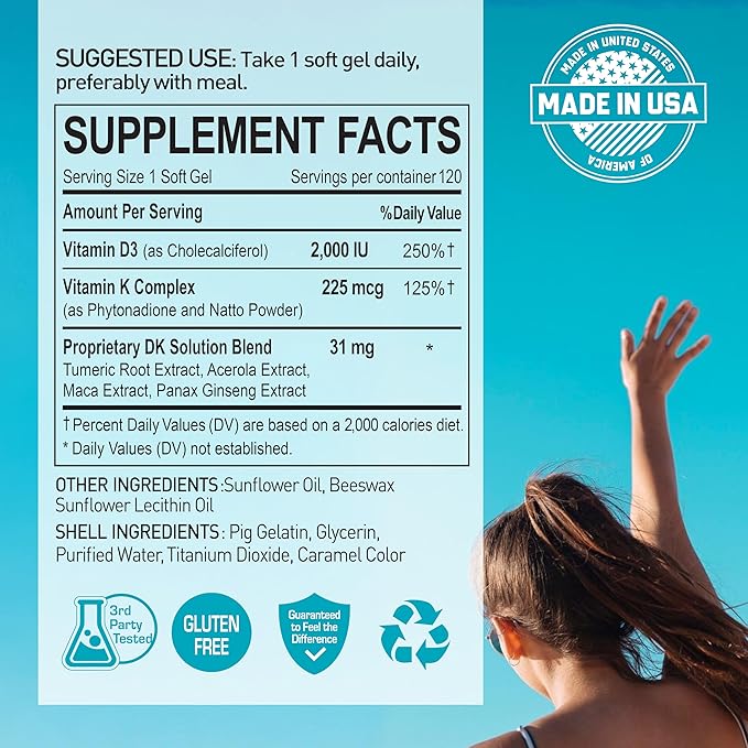 DK Solution Vitamin D3 2000 IU (50 mcg) + K Complex - Dietary Supplement for Bone, Muscle and Immune Health Support - 120 Softgels, 120 Day Supply