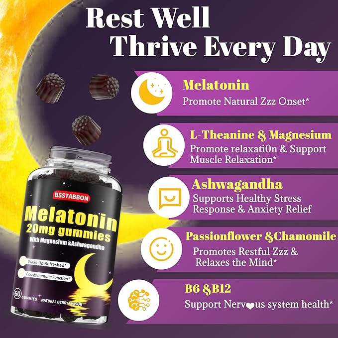 Melatonin Gummies 20mg for Women Men: Sugar Free Chewable Supplement with Zinc L-Theanine Ashwagandha Magnesium Lemon Balm and Chamomile - Maximum Strength for Adults Natural Berry Flavor(60count)
