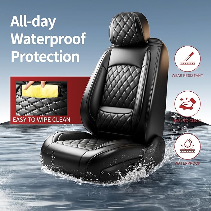 Fit Elantra Car Seat Covers for Hyundai Elantra 2017-2025 2026 - Premium Leather, Waterproof, All-Weather, Airbag Compatible, Anti-Slip, Breathable, Seat Protectors, Full Set, Black
