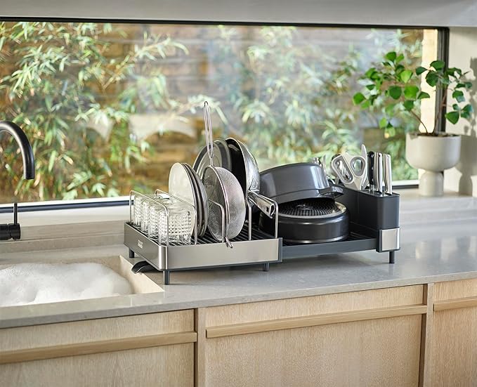 Joseph Joseph Extend Max Steel Expanding Dish Drying Rack, with high Capacity Large for Items, Cutlery and Knife Holder, Swivel Draining Spout, Stainless Steel