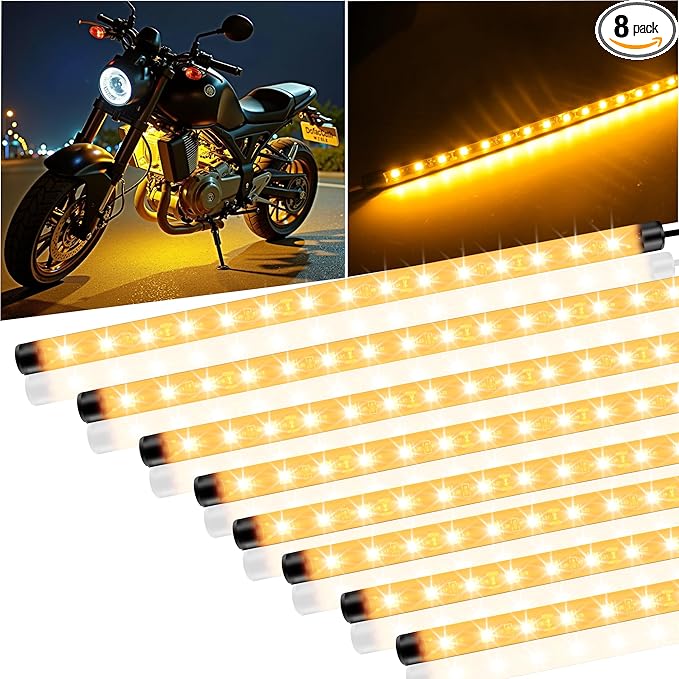 8 Pcs Car Led Light Strip IP67 Waterproof 11" Flexible Led Lights Underglow 12V for Car Motorcycle Boat Golf Cart Interior Exterior Decoration - Amber
