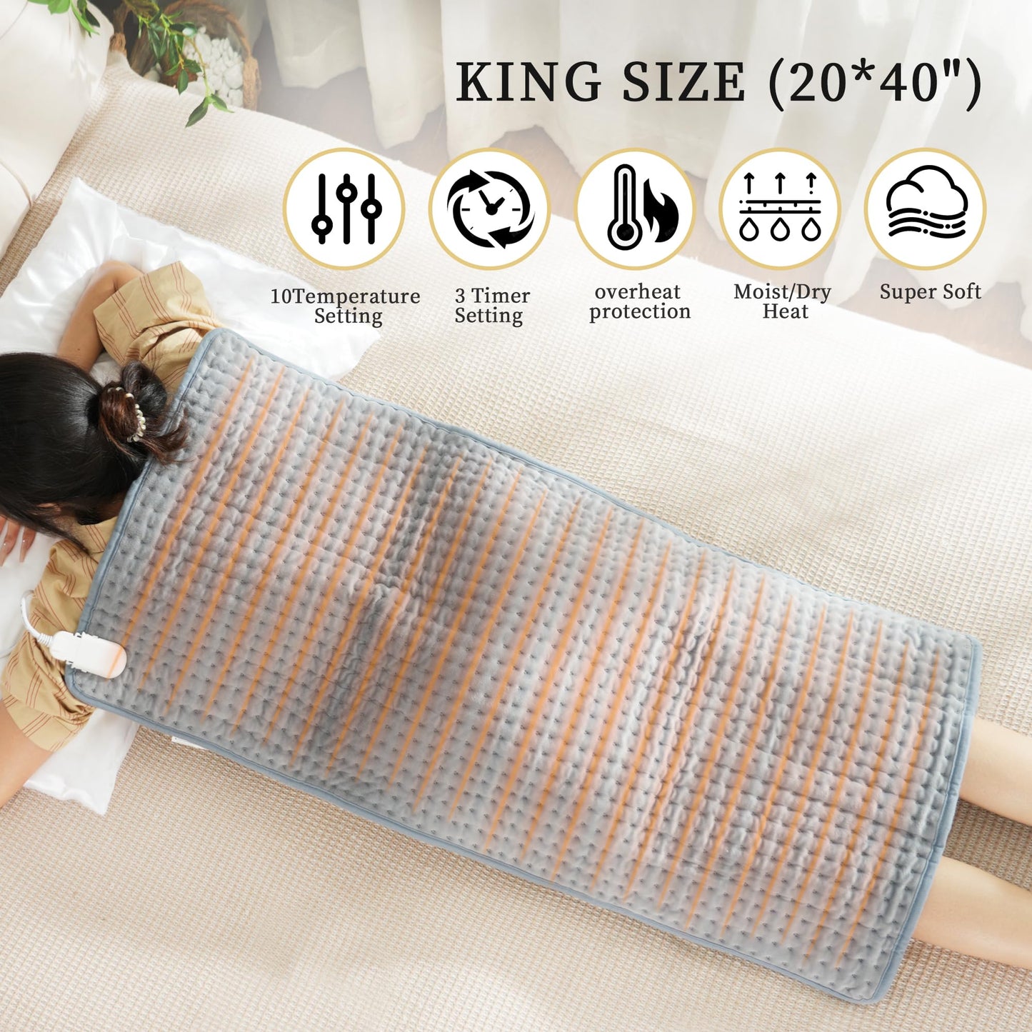 Large Heating Pad,TOPSOSO 20"x40" Extra Large Heating Pad for Back Pain Relief Electric Heating for Period Cramps Shoulders Pain Relief Moist/Dry Heat 10 Heat Setting Auto Shut Off Gift for Women Men