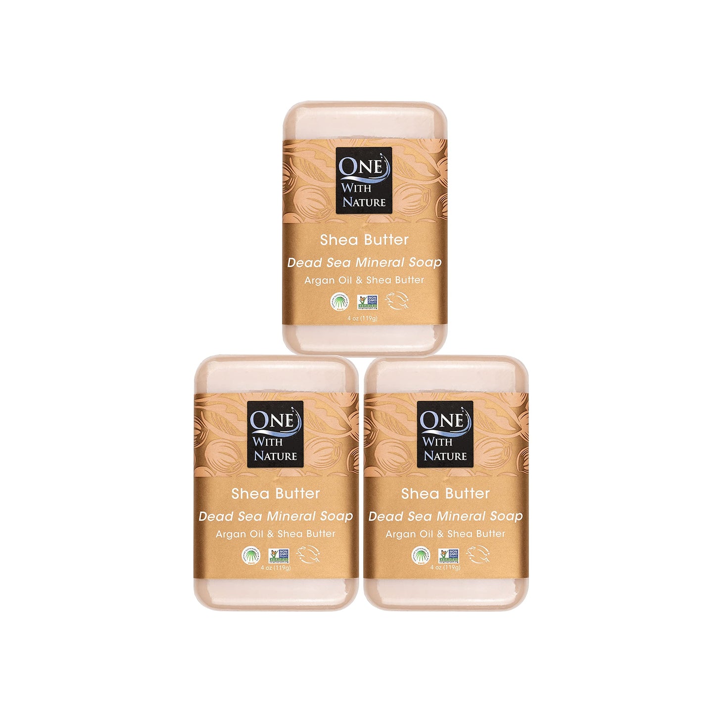 One With Nature Dead Sea Mineral Shea Butter Soap 4Oz 3Pack With Argan Oil - Dead Sea Salt Includes Sulfur, Magnesium, And 21 Es