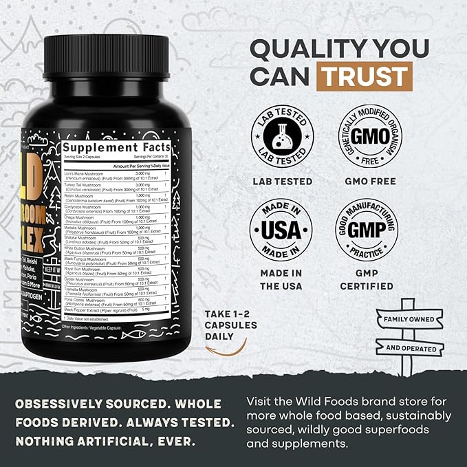 Wild Foods Premium Mushroom Supplement Complex | Mushroom Extract 13 Organic Mushrooms: Lions Mane, Turkey Tail, Reishi & More Adaptogenic Mushrooms for Energy, Brain & Immune Health (Pack of 2)