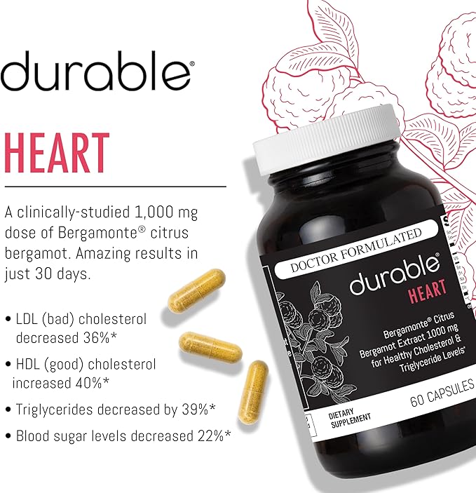 Durable Heart - Extra-Strength 1,000 mg Bergamonte Citrus Bergamot +Olive Leaf Extract +Non-GMO Vitamin C – Natural Heart Health Supplement for Healthy Cholesterol Support – Made in the USA (6 Bottle)