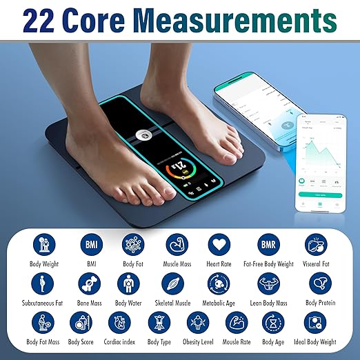 Smart Scale for Body Weight, Fat with FSH, HSA, LCD, 3.5 ft TFT Color Display, Digital Bathroom Weighing Machine for Accurate BMI Muscle Mass Composition, Heart Rate with Fitness App