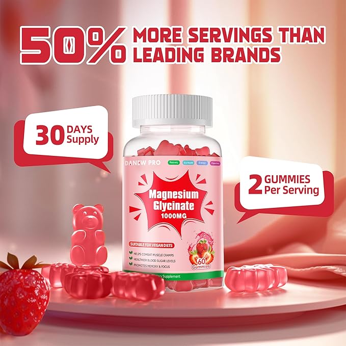 Magnesium Glycinate Gummies 1000mg - Sugar Free Magnesium Potassium Supplement with Vitamin D, B6, CoQ10 for Calm Mood & Sleep Support - 120 Strawberry Gummies