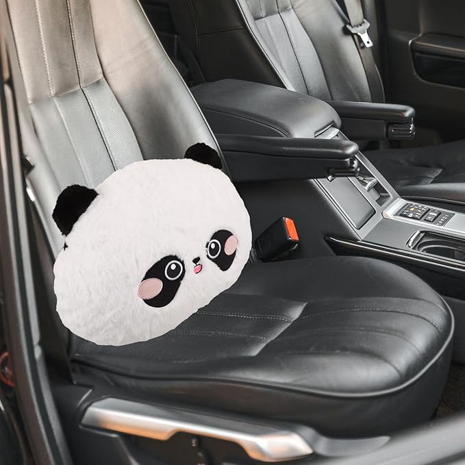 NUOBESTY Panda Plush Lumbar Support Pillow for Car Seat and Office Chair, Round Embroidered Rabbit Fur Cartoon Cushion for Lower Back Comfort During Driving and Travel