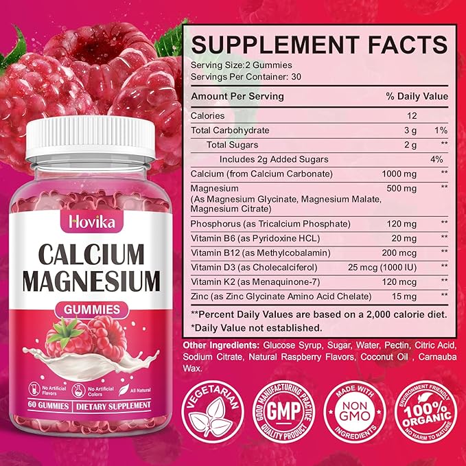 Calcium Magnesium Zinc Gummies-Calcium Magnesium 2:1 Ratio with Vitamin D3, K2, B6, B12 for Bone Strength, Muscle Function & Nerve Health, Extra Absorption Formula, Vegan, Raspberry Flavor 120 Gummies