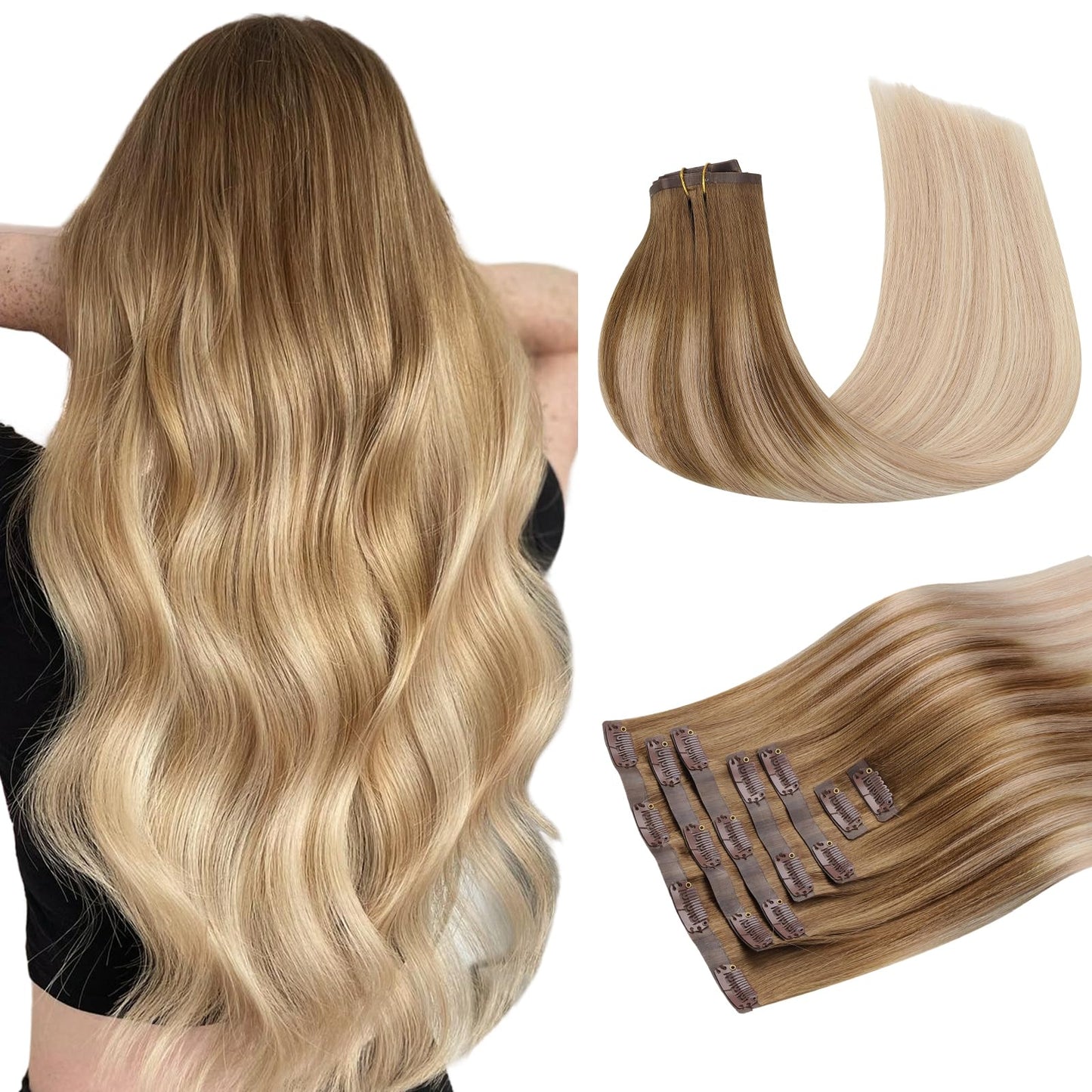 Maxita Clip In Hair Extensions Real Human Hair,110G 7Pcs Ash Bronde Highlight 20 Inch,Seamless Hair Extensions Clip In Human Hai