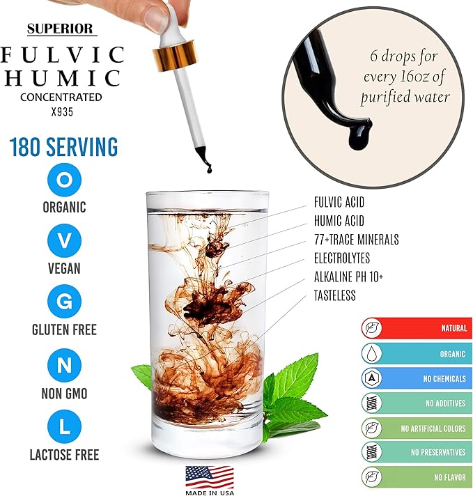 Fulvic Humic Acid Ionic Trace Minerals with Electrolytes Liquid Supplement Plus Oregano Oil Drops Super Strength More Versatile Then Oil of Oregano Softgels and Capsules