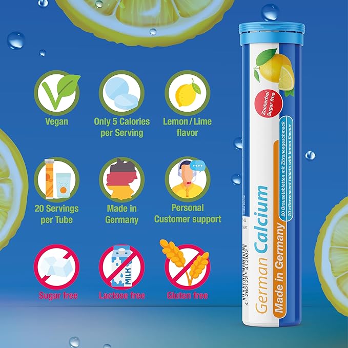 T&D German Calcium 500 mg - 100 Vegan Drink Effervescent Tablets - Lemon Lime Flavor - Made in Germany
