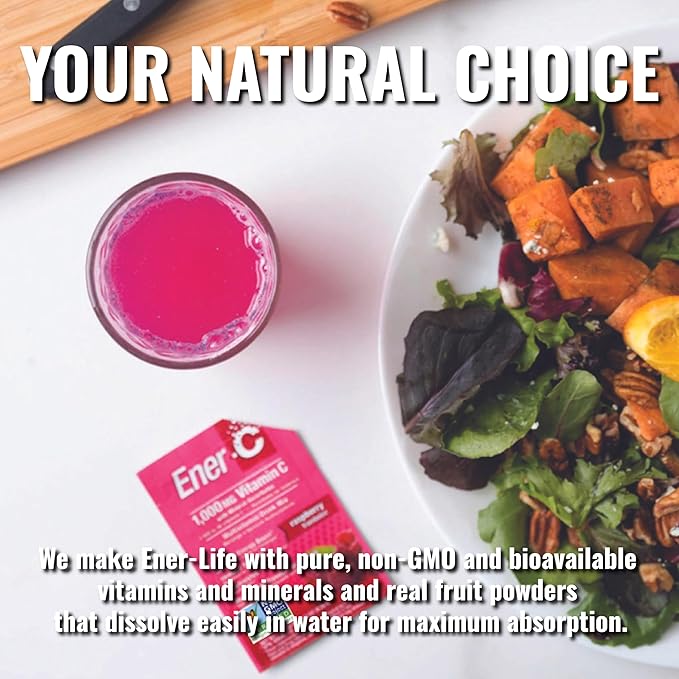 Ener-C Raspberry Multivitamin Drink Mix Powder Vitamin C 1000mg & Electrolytes with Real Fruit Juice Natural Energy & Immune Support for Women & Men - Non-GMO Vegan & Gluten Free - 30 Count