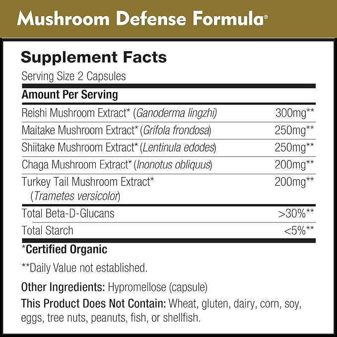 Mushroom Defense Formula - Immune Support Supplement | Organic Mushrooms, Hot Water Extracted - Reishi, Chaga, Maitake, Shiitake & Turkey Tail (60 Capsules)