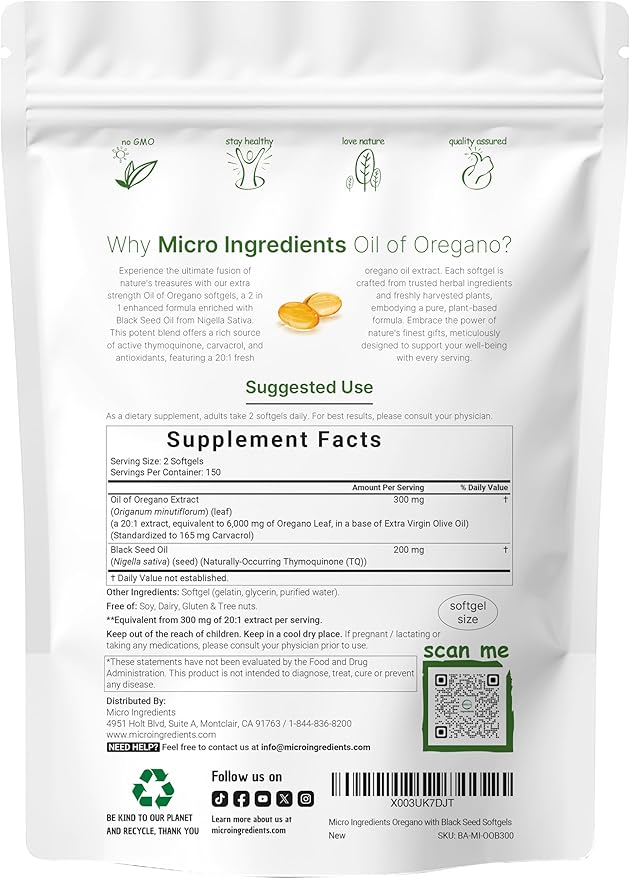 Micro Ingredients Oil of Oregano Softgels 300 Count & Lions Mane Supplement 240 Veggie Capsules Bundle 2 Pack | Carvacrol & Thymoquinone | Superfood Mushroom Antioxidants with L-Ergothioneine