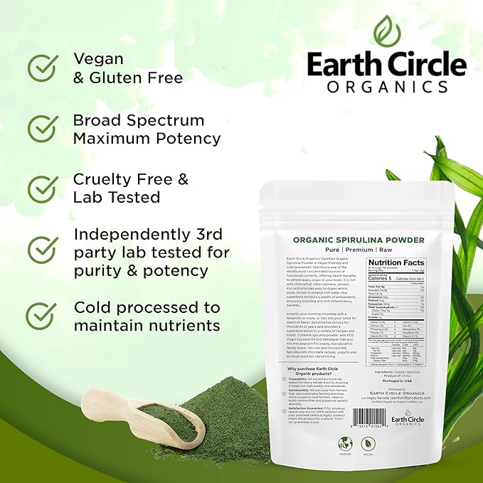 Earth Circle Organics Spirulina Powder, Kosher, Raw and Non-Irradiated | Pure Vegan Protein | Premium Superfood, High in Amino Acids and Antioxidants - 4 Ounce (3 Packs)